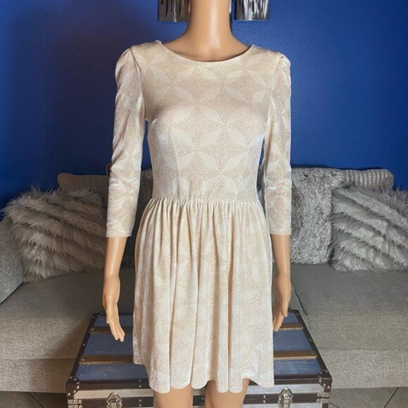 Topshop Dresses & Skirts - Topshop Womens A Line Dress Beige Geometric Stretch Jewel Neck 3/4 Sleev…